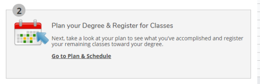 Plan your Degree & Register for Class tile with text: Next, take a look at your plan and see what you've accomplished and register your remaining classes toward your degree. Go to Plan & Schedule.