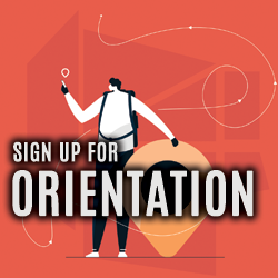 Sign up for orientation text with image of explorer looking person