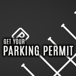 Get your parking permit text over image of parking lot