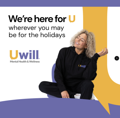 Student sitting in chair with a message from Uwill Mental Health and Wellness stating "We're here for you U wherever you may be for the holidays"