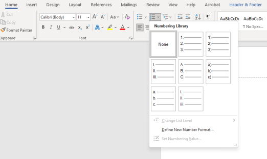 Example of Microsoft list menu options