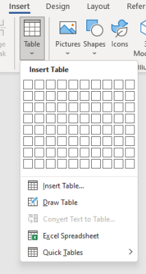 Example of Microsoft table menu options
