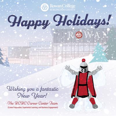 A graphic illustration showing RCBC’s mascot, Barry, making a snow angel in front of the Student Success Center building, wishing you a fantastic New Year from your Career Team at RCBC.