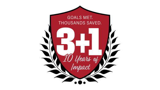 Decorative badge celebrating 10 years of RCBC's 3+1 program