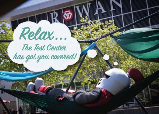 Barry the mascot lying in a hammock with a bubble thought that says "relax, the test center has got you covered"
