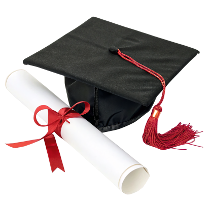 Diploma with black cap and red tassel