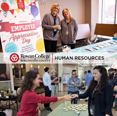 On Top Left to Right: Benefits Specialist Ginny Fattorini standing next to HR Director Michelle Russell at Employee Appreciation Day.  Middle: RCBC Human Resources Logo. Bottom Left: Recruitment Specialist Melanie Daum at Employee Wellness Fair