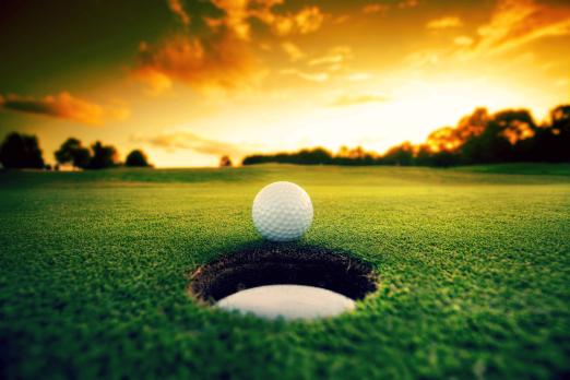 Golf ball next to a hole on the golf course
