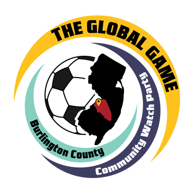 Global Game Community Watch Party logo showcasing a soccer ball and Burlington County, NJ.