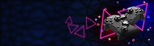 two video game controllers with triangle arts graphics in the background