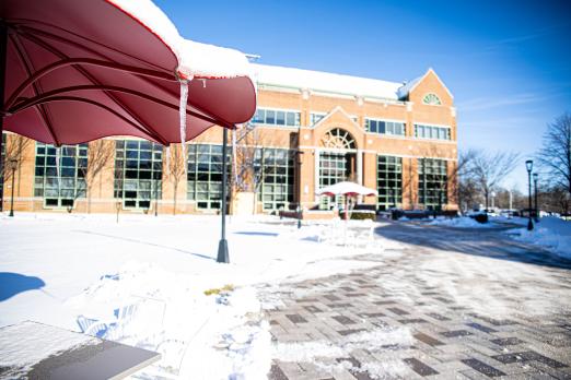 TEC building in the background with umbrella and icicle in the foreground