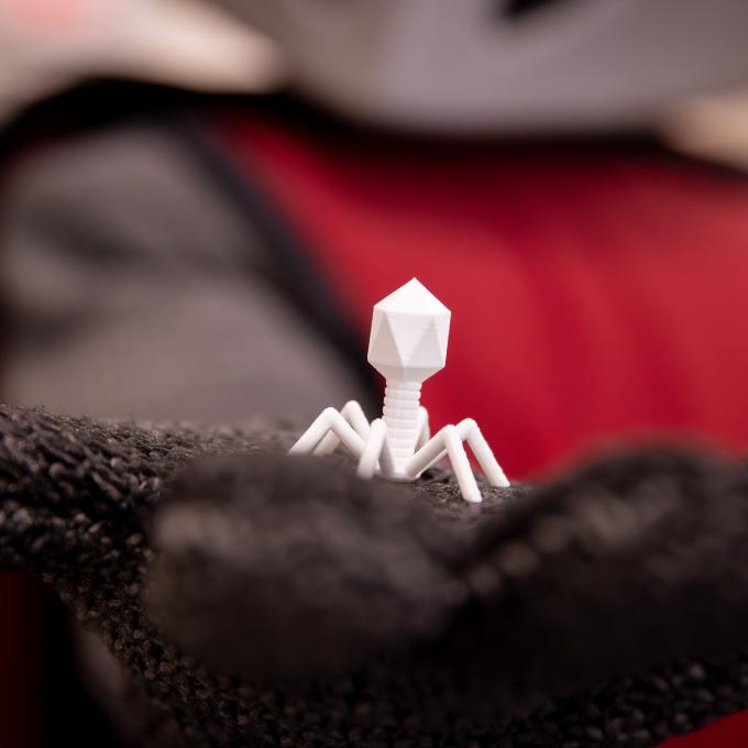 Barry the Baron holding a 3D printed model of a bacteriophage.
